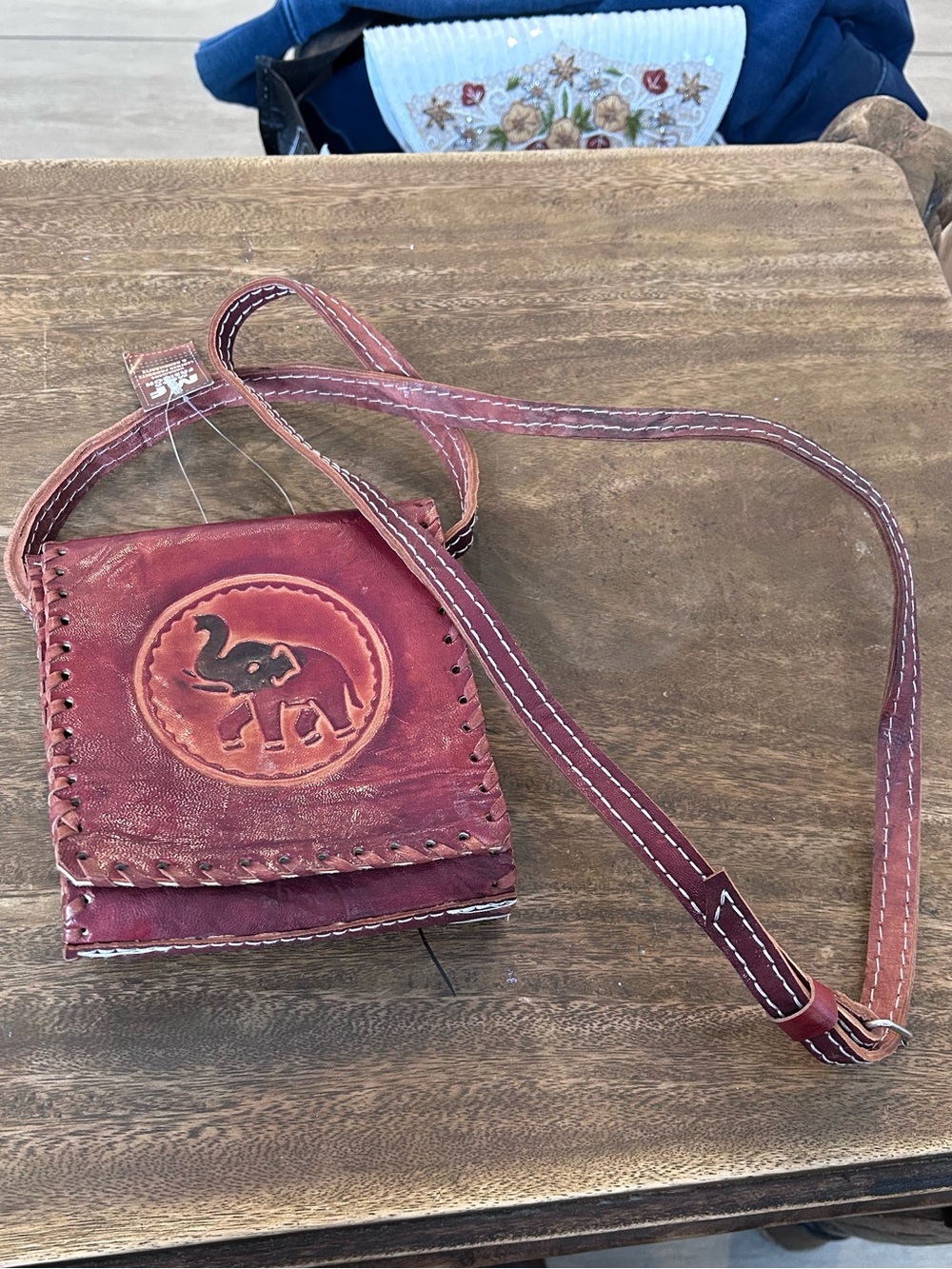 NWT Mega Fashion Handmade Red Leather Crossbody Bag Elephant Motif Artsy Boho